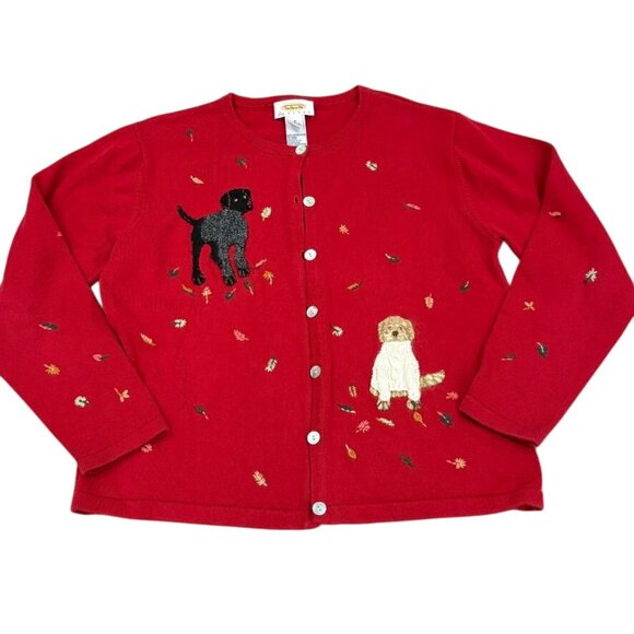 Talbots Vintage Red Knit Cardigan Sweater Dog & Fall Embroidery Small Petite - Picture 2 of 12